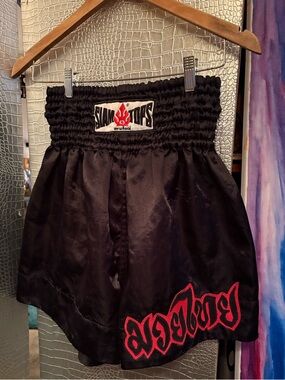 Siam Tops Black Muay Thai Shorts with Red Accent